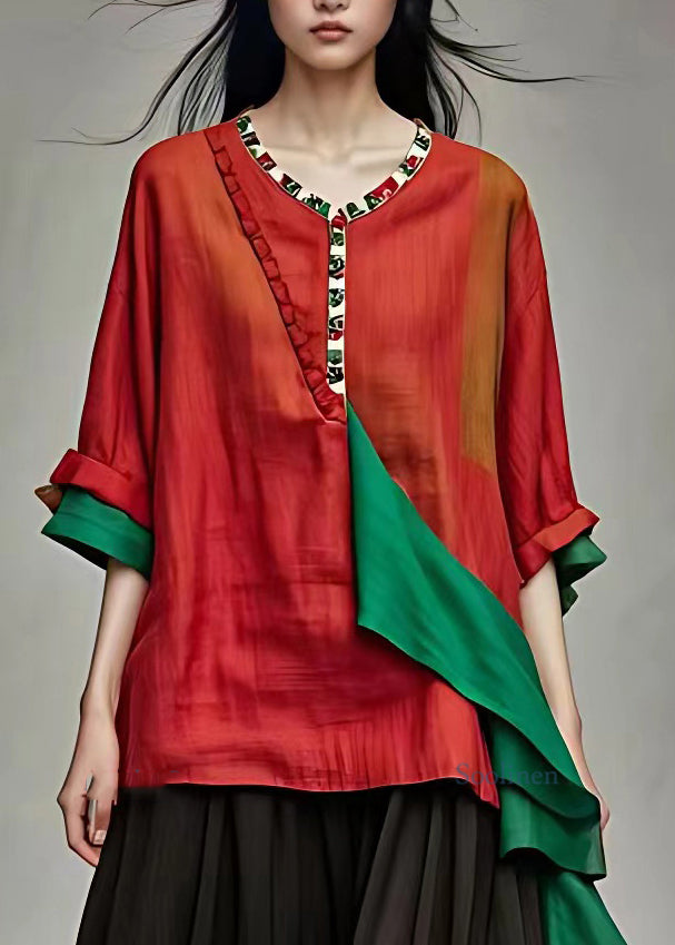Red O-neck Print Patchwork Tops Summer