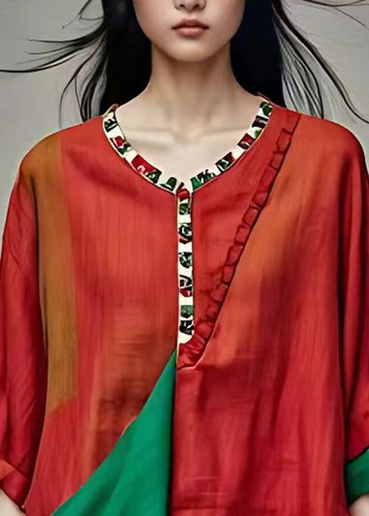 Red O-neck Print Patchwork Tops Summer