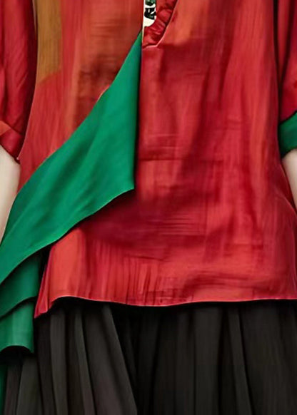 Red O-neck Print Patchwork Tops Summer