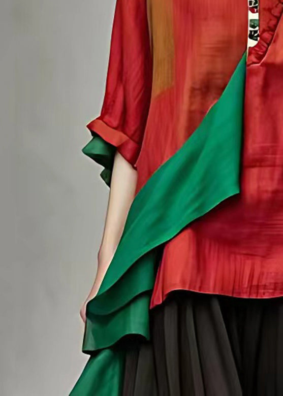 Red O-neck Print Patchwork Tops Summer