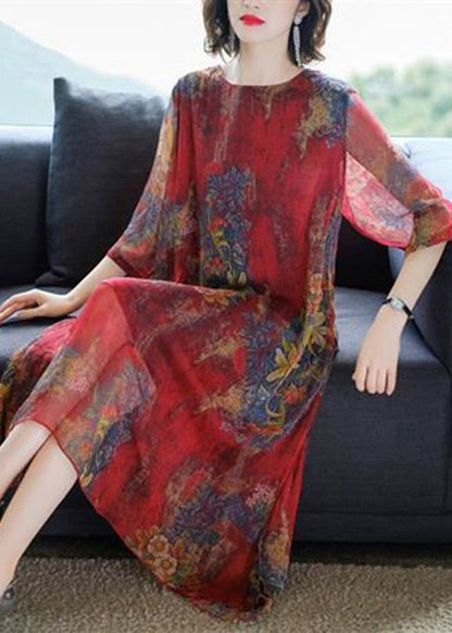 Red O-neck Print Silk Maxi Dresses Half Sleeve