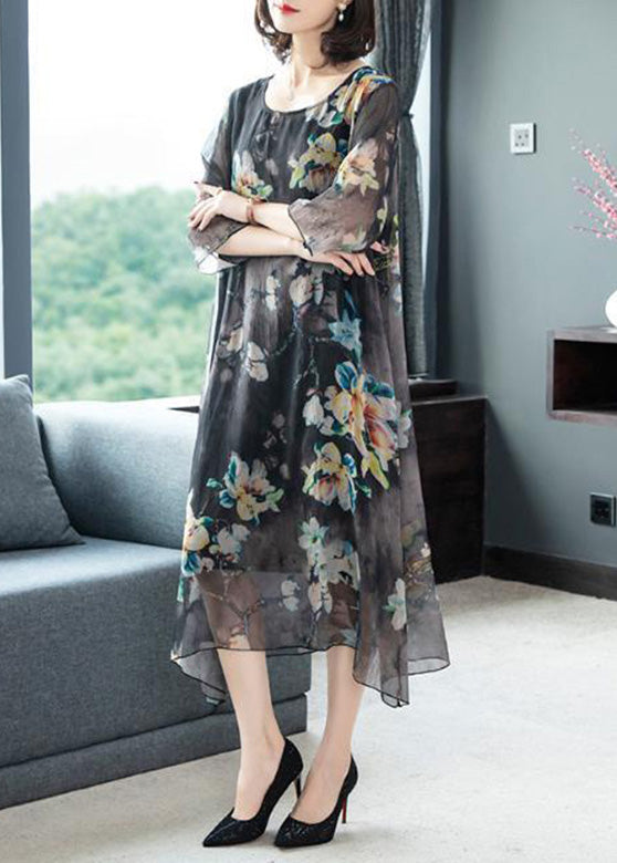 Red O-neck Print Silk Maxi Dresses Half Sleeve