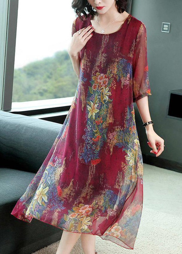 Red O-neck Print Silk Maxi Dresses Half Sleeve