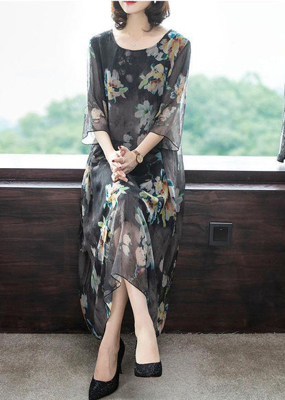Red O-neck Print Silk Maxi Dresses Half Sleeve