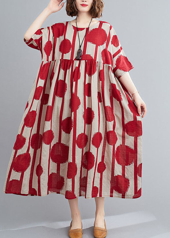 Red O-neck Print Wrinkled Exra Large Hem Cotton Long Dresses Short Sleeve