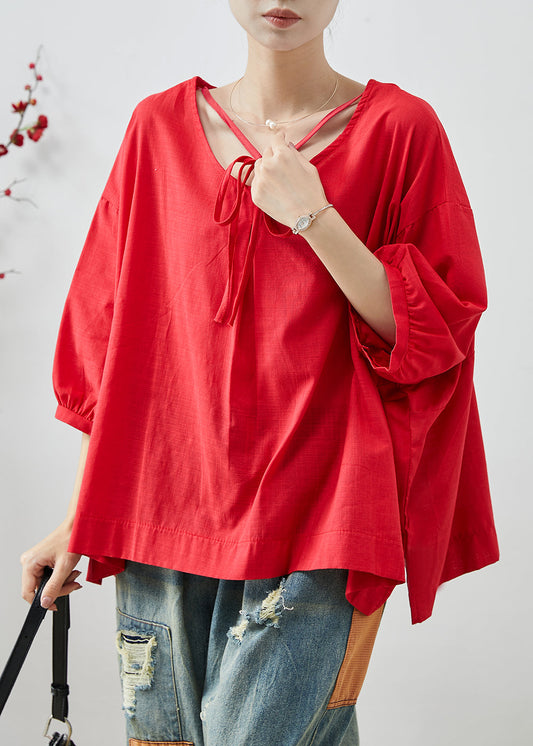 Red Oversized Cotton Shirt Tops Bracelet Sleeve