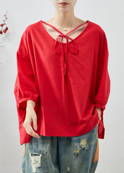 Red Oversized Cotton Shirt Tops Bracelet Sleeve
