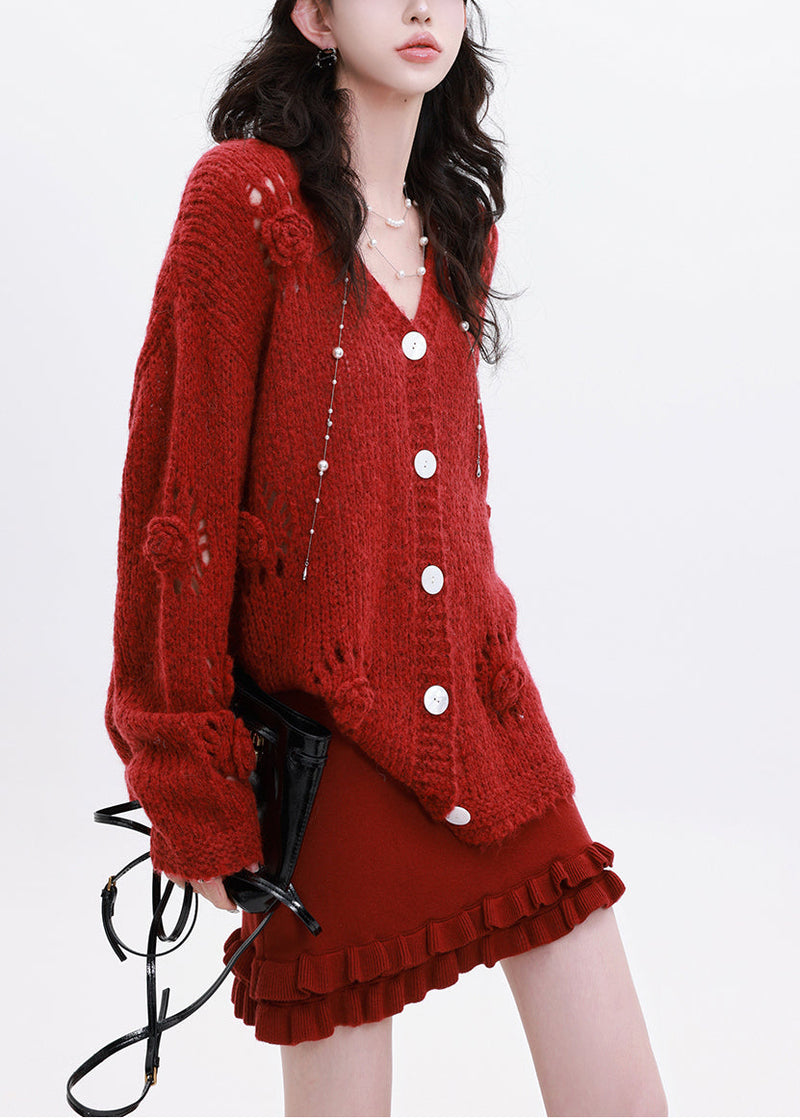 Red Oversized Decorated Knit Cardigan Winter