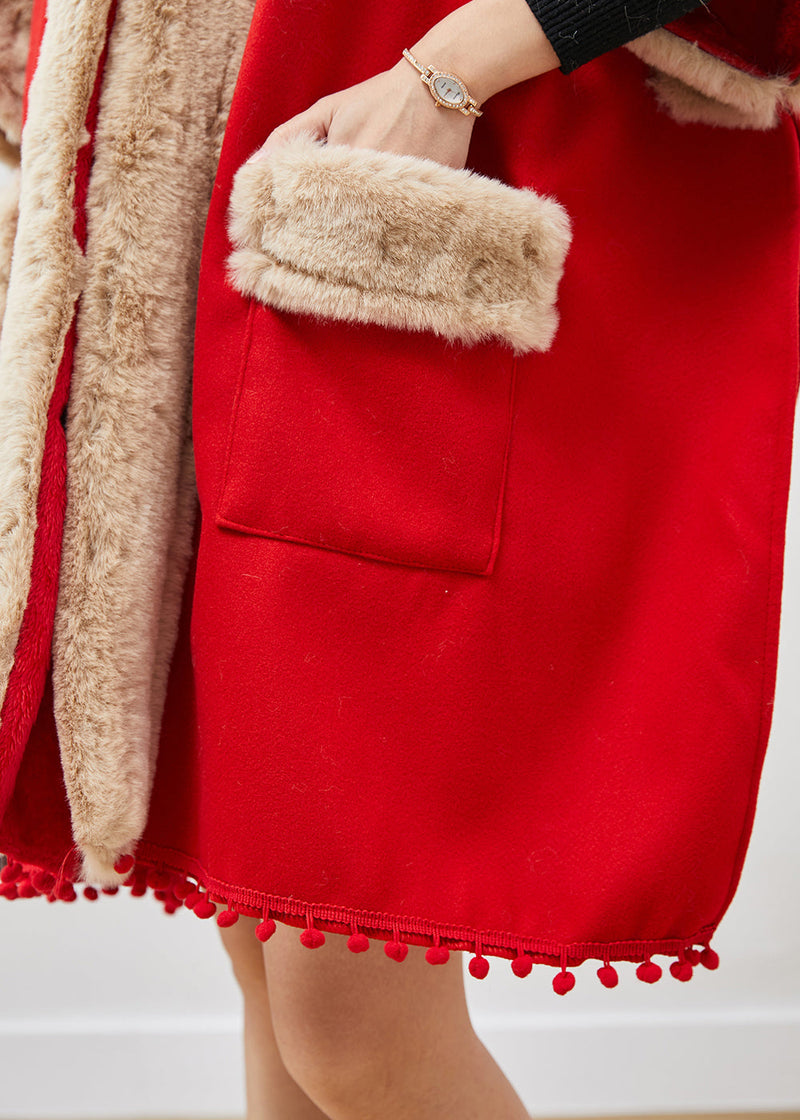 Red Oversized Patchwork Fuzzy Ball Decorated Woolen Coats Winter