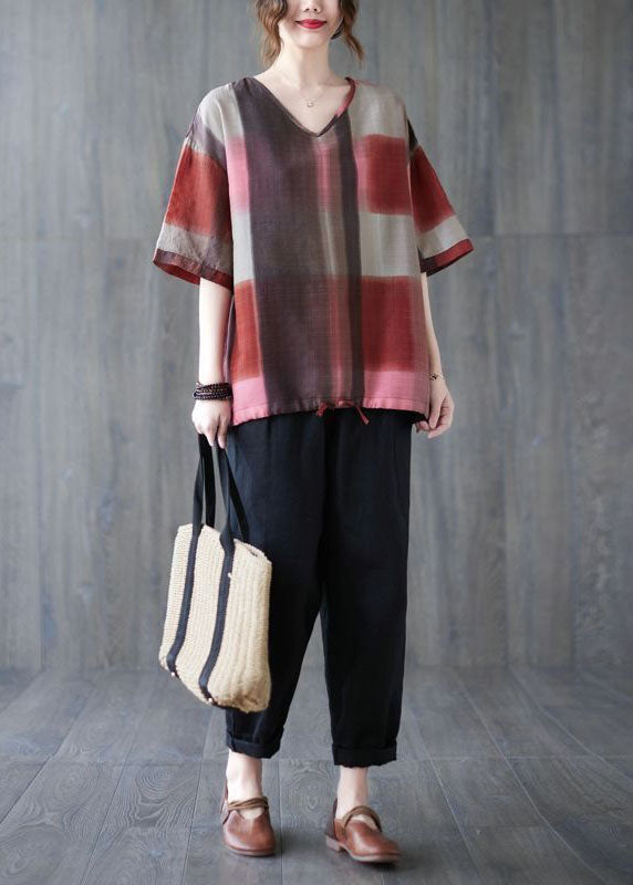 Red Oversized Plaid Linen Tanks Summer