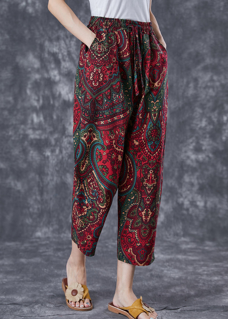 Red Oversized Pockets Print Linen Pants Trousers Summer