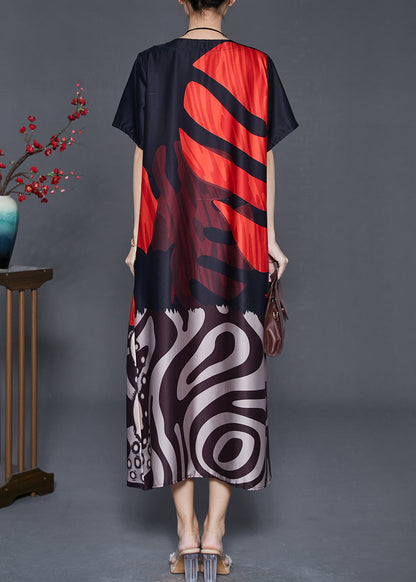 Red Oversized Print Silk Holiday Dress Summer