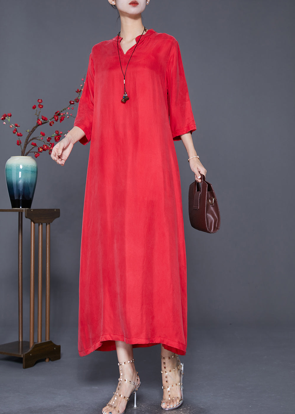 Red Oversized Side Open Silk Dresses Bracelet Sleeve