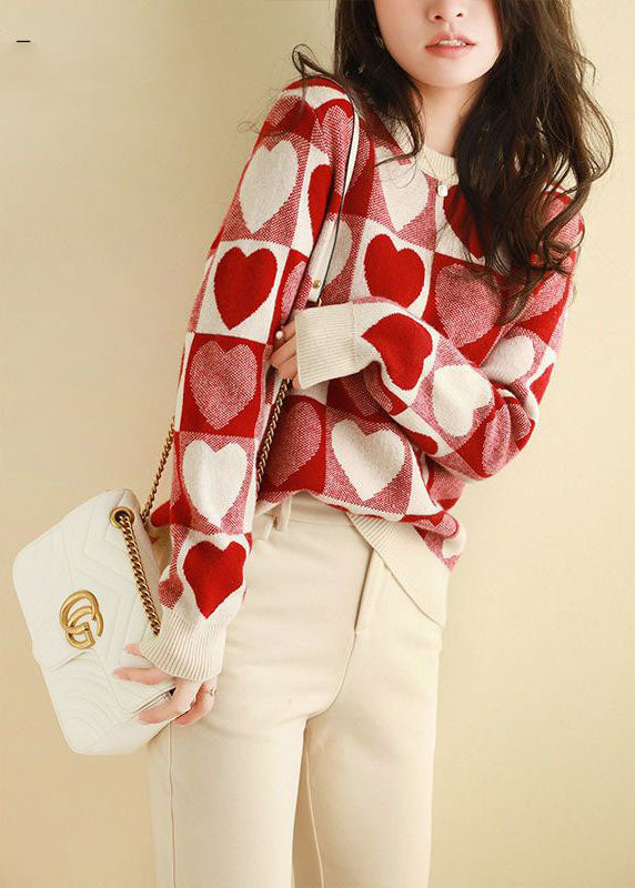 Red Oversized Thick Loving Heart Print Knit Pullover Spring