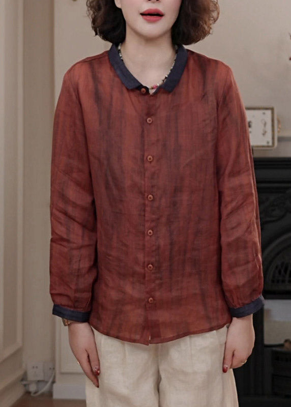 Red Peter Pan Collar Patchwork Button Shirts Fall