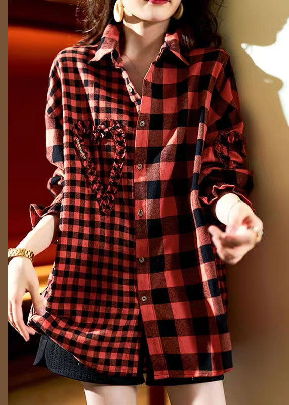Red Plaid Button Heart Patchwork Cotton Shirts Top Spring