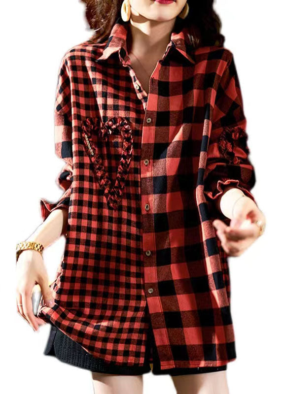 Red Plaid Button Heart Patchwork Cotton Shirts Top Spring