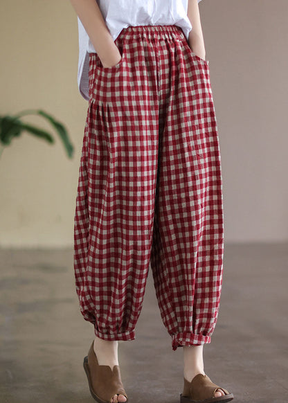 Red Plaid Pockets Elastic Waist Linen Crop Pants Summer