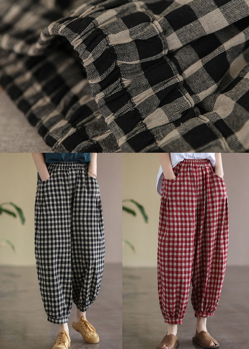 Red Plaid Pockets Elastic Waist Linen Crop Pants Summer
