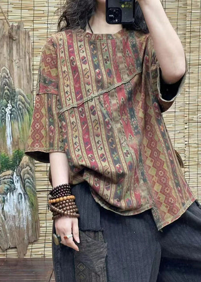 Red Print Asymmetrical Patchwork Cotton T Shirt Top Summer