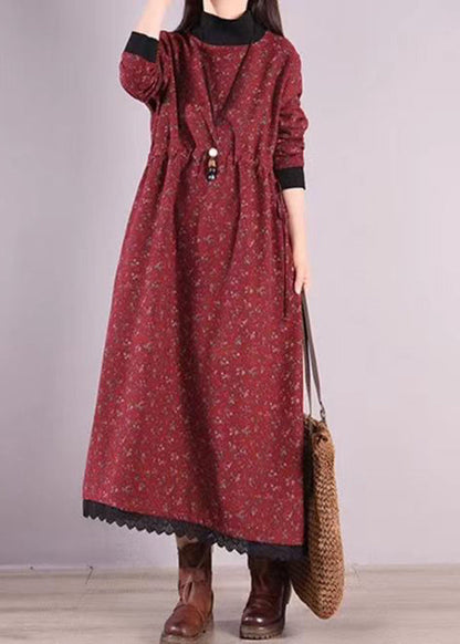 Red Print Drawstring Patchwork Warm Fleece Dresses Winter