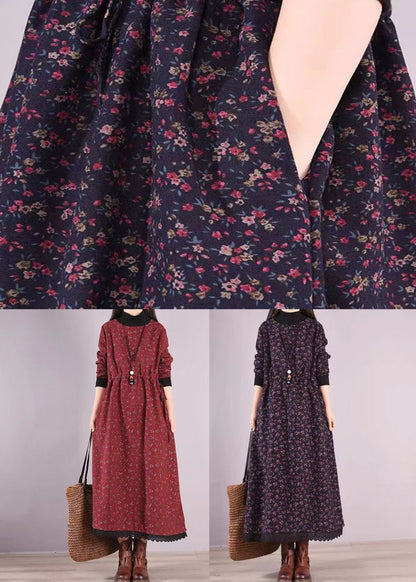 Red Print Drawstring Patchwork Warm Fleece Dresses Winter