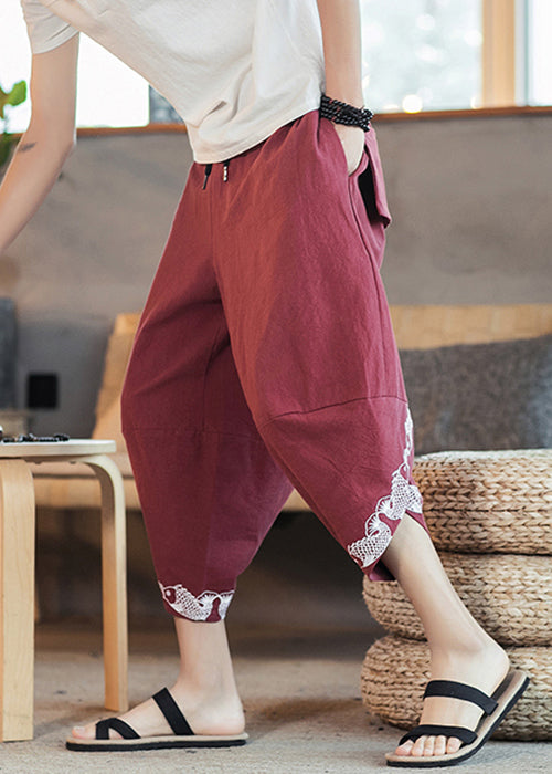 Red Print Lace Up Elastic Waist Cotton Crop Pants