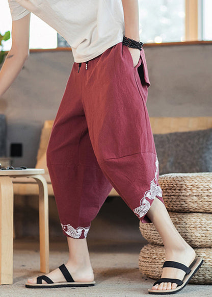 Red Print Lace Up Elastic Waist Cotton Crop Pants