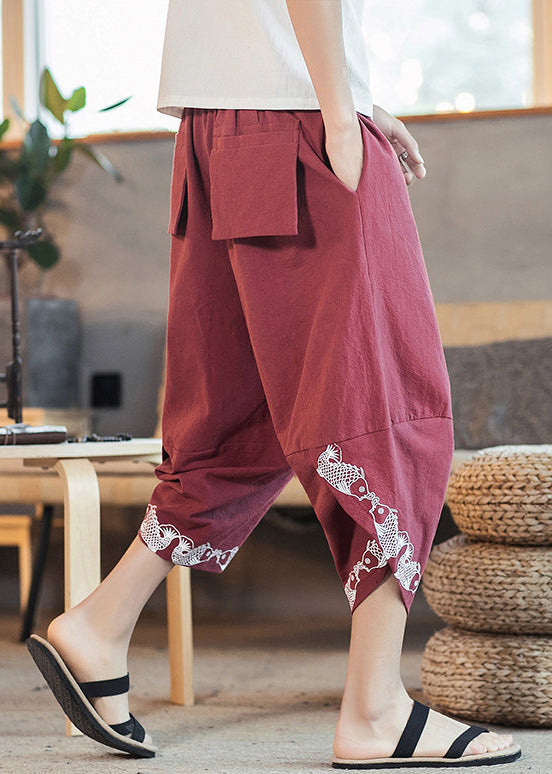Red Print Lace Up Elastic Waist Cotton Crop Pants