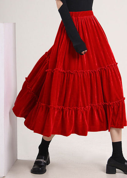 Red Ruffled Patchwork Silk Velour Skirt Spring