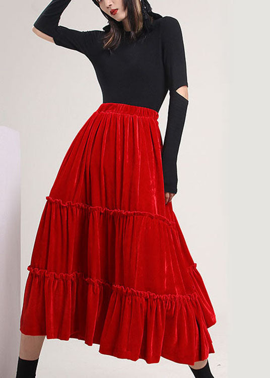 Red Ruffled Patchwork Silk Velour Skirt Spring