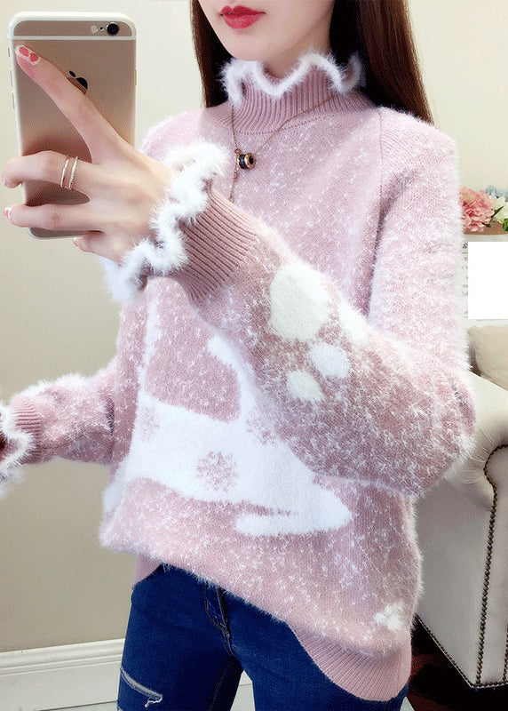 Red Ruffled Print Thick Mink Hair Knitted Sweaters Fall