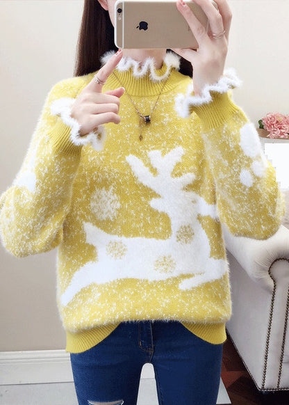 Red Ruffled Print Thick Mink Hair Knitted Sweaters Fall