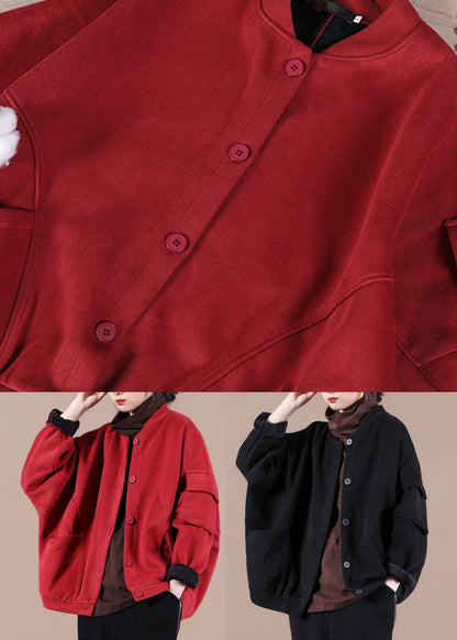 Red Stand Collar Pockets Warm Fleece Jacket Winter