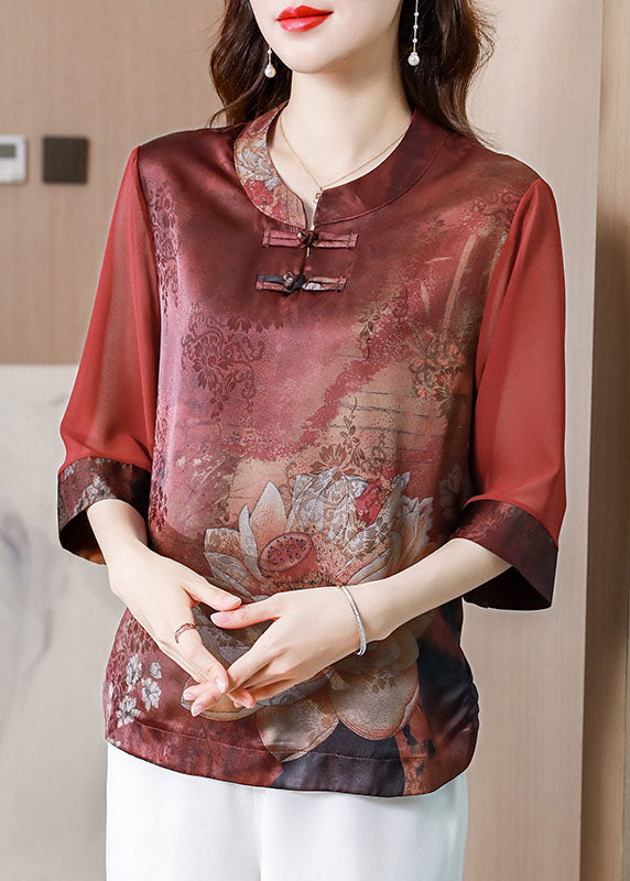 Red Stand Collar Print Patchwork Silk Blouses Summer