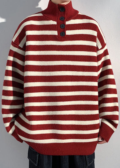 Red Striped Button Knit Sweaters Winter