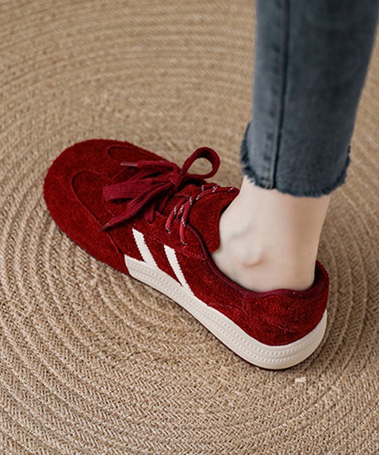 Red Suede Lace Up Splicing Flat Shoes