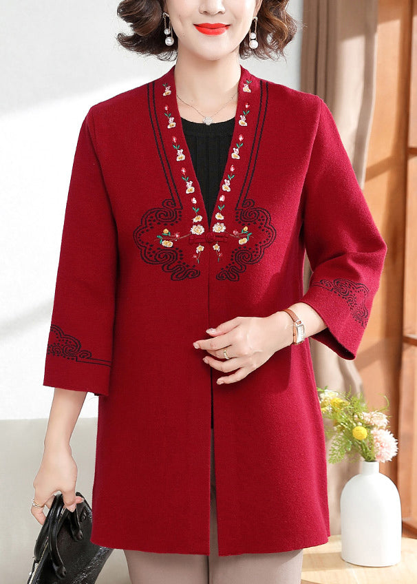 Red V Neck Print Cotton Knit Cardigan Spring
