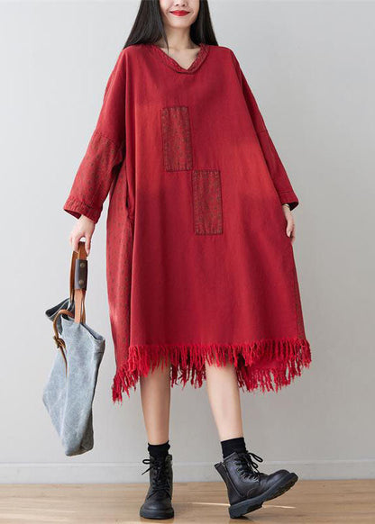Red V Neck Tassel Cotton Loose Dress Spring