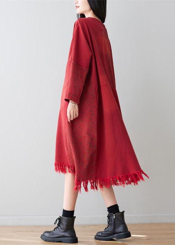 Red V Neck Tassel Cotton Loose Dress Spring