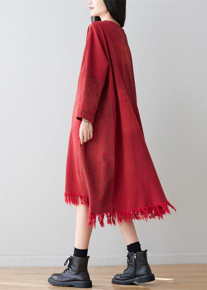 Red V Neck Tassel Cotton Loose Dress Spring