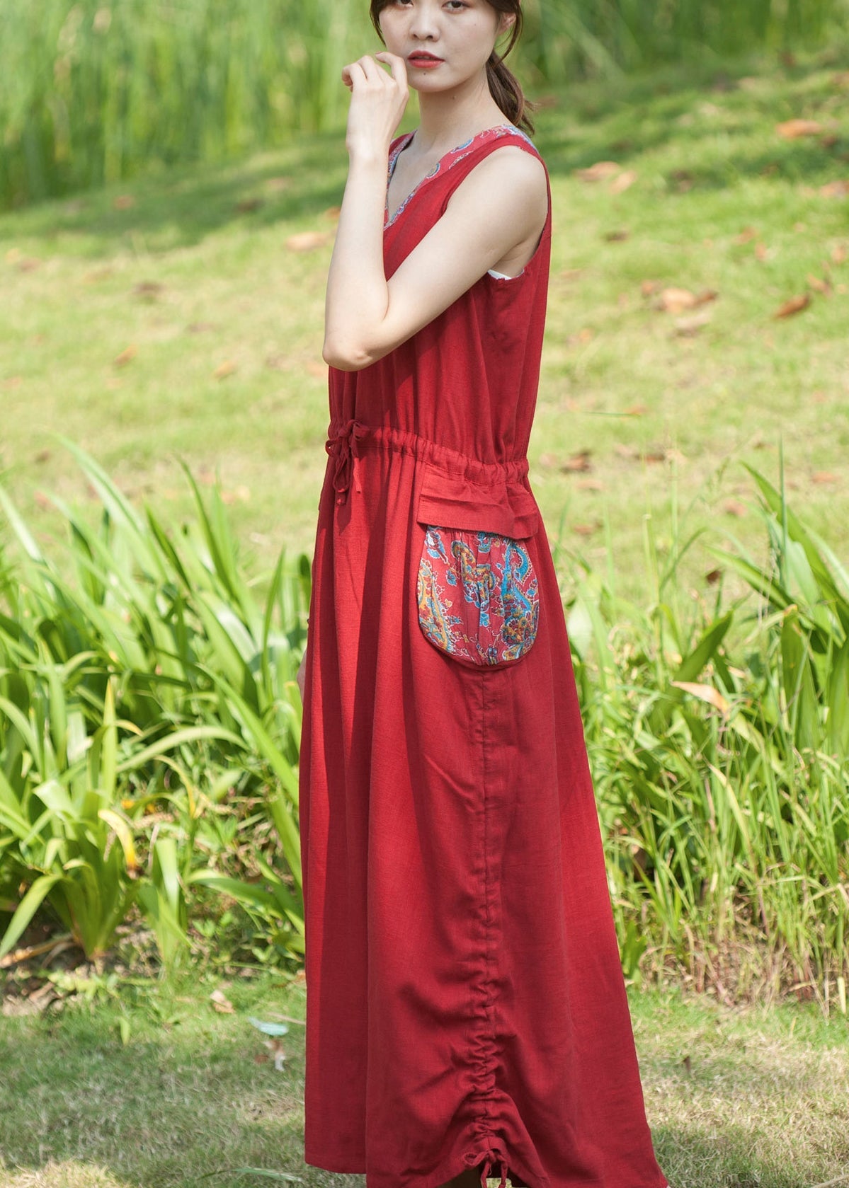 Red V Neck Drawstring Pocket Patchwork Vacation Dresses Sleeveless