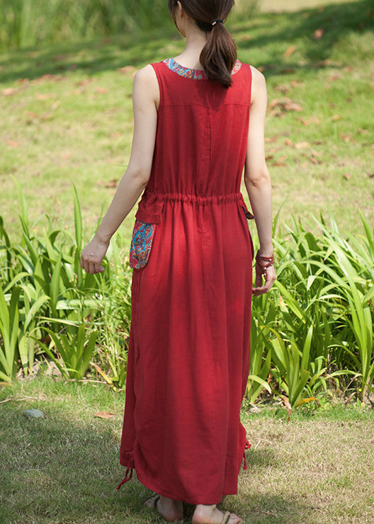 Red V Neck Drawstring Pocket Patchwork Vacation Dresses Sleeveless