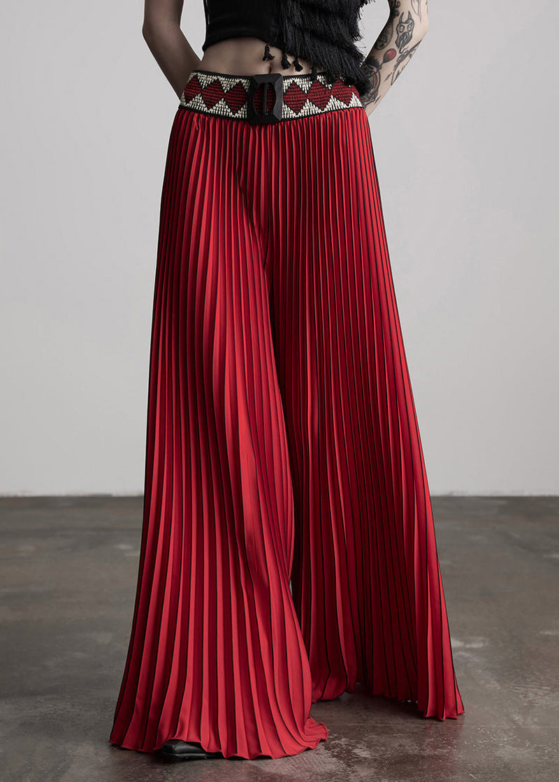 Red Waist Flower Splicing Pleated Wide Leg Pants Spring