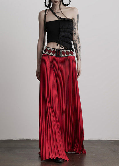 Red Waist Flower Splicing Pleated Wide Leg Pants Spring