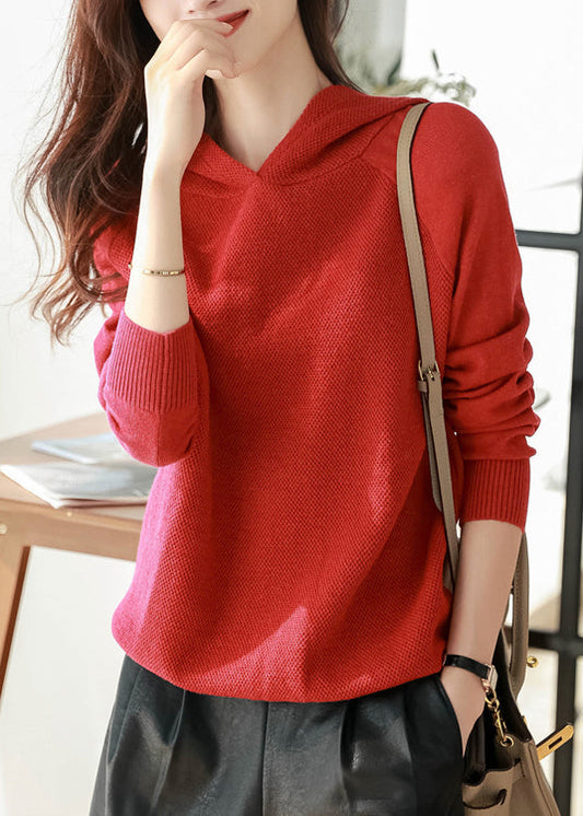 Red Woolen Hooded Pullover Sweatshirt Long Sleeve