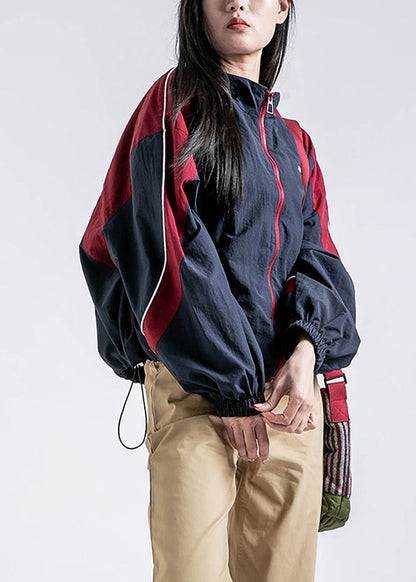 Red Zip Up Pockets Drawstring Patchwork Coat Spring