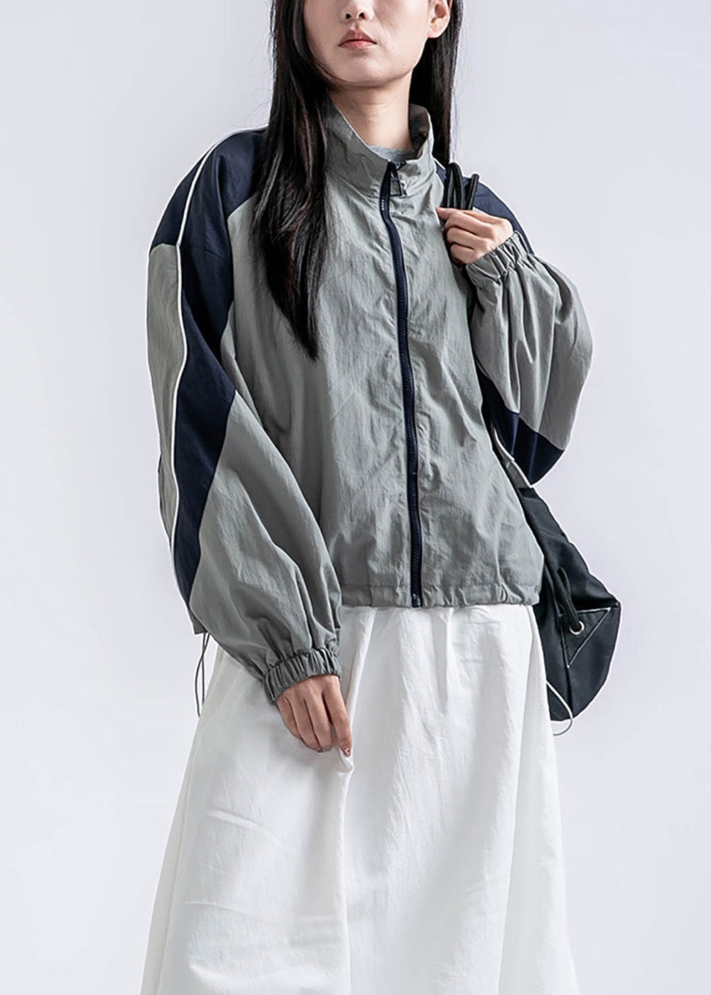 Red Zip Up Pockets Drawstring Patchwork Coat Spring