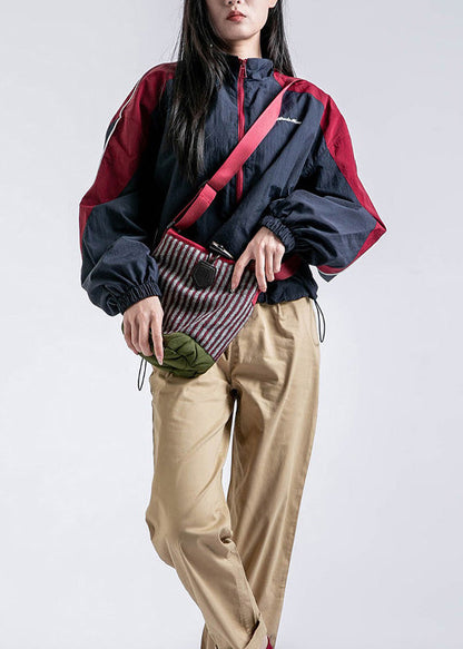 Red Zip Up Pockets Drawstring Patchwork Coat Spring