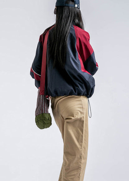 Red Zip Up Pockets Drawstring Patchwork Coat Spring